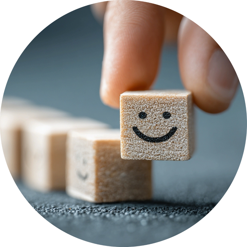 Bild mit Holzwürfel mit Smile-Gesicht zwischen zwei Fingern